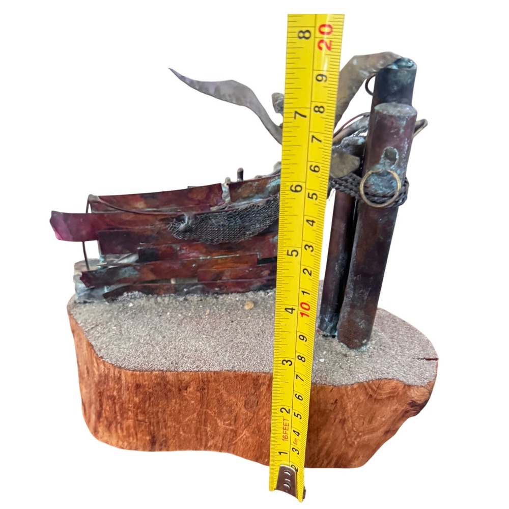 Copper Brass Shipwreck Sculpture Malted Wood Base Nautical Brutalist Signed MCM - Picture 5 of 10